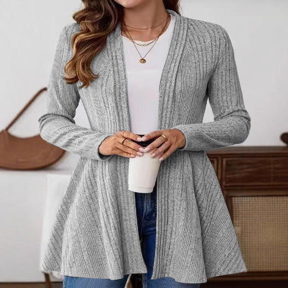 Damen lange Strickjacke mit modernem Rippdesign und Taillierung Drune