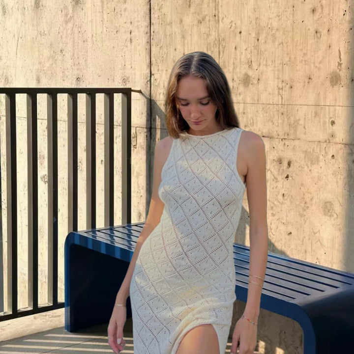 Damen Maxikleid mit dekorativem Rautengewebe und seitlichem Schlitz Drune