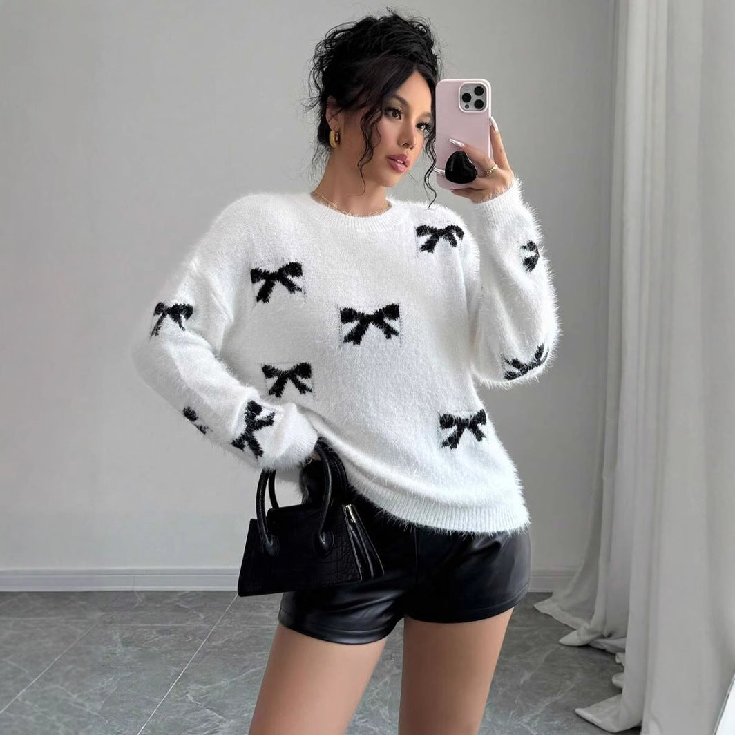 Damen Strickpullover mit verspieltem Schleifenmotiv und flauschiger Textur Drune