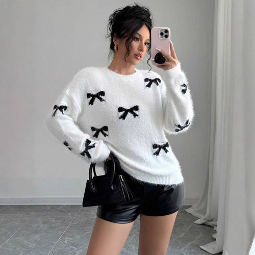 Damen Strickpullover mit verspieltem Schleifenmotiv und flauschiger Textur Drune
