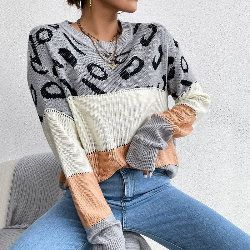 Damen lässiger Strickpullover mit modischem Farbblockdesign und animalischem Muster Drune