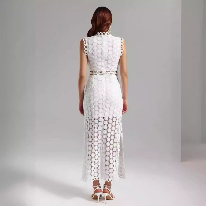 Damen Elegantes Spitzen-Maxikleid mit transparenten Einsätzen und dekorativen Rüschendetails Drune