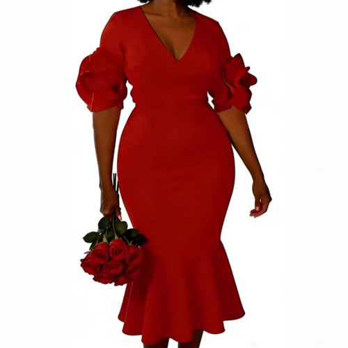 Damen figurbetontes Kleid mit voluminösen Rüschenschultern Drune