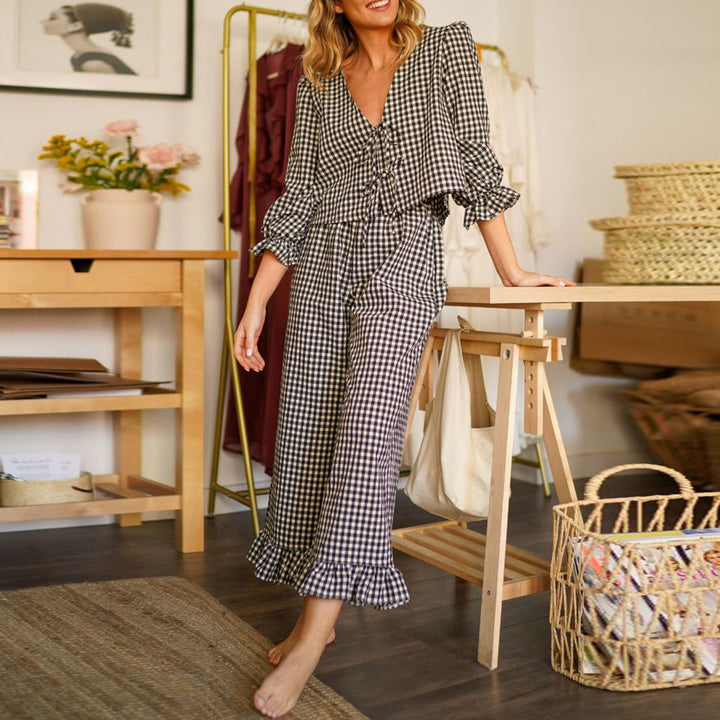 Damen Karierter Pyjamaanzug mit Rüschendetails Drune