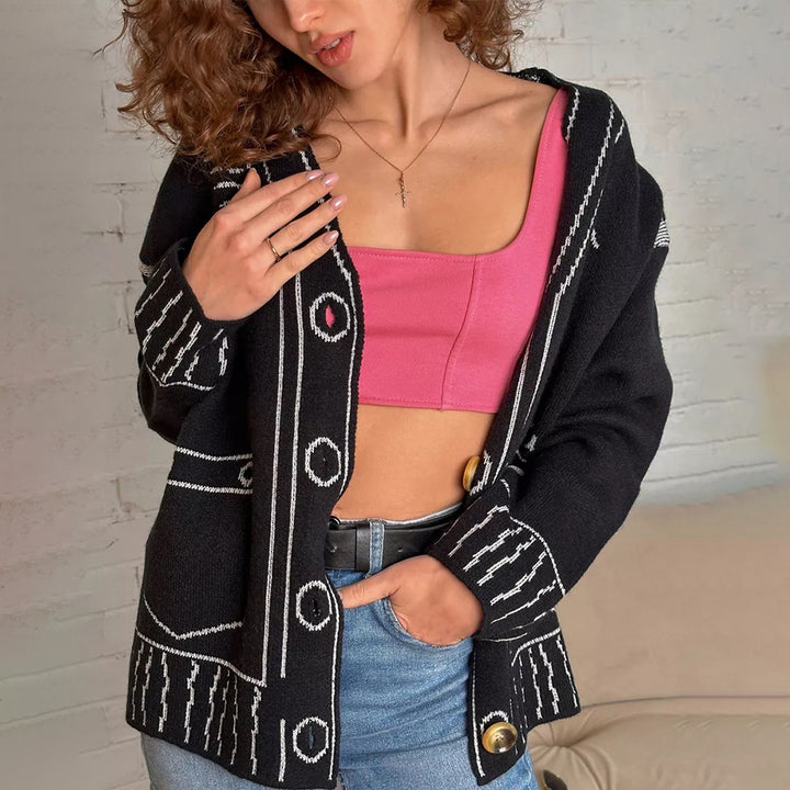 Damen modische Strickjacke mit asymmetrischem Design und dekorativen Knöpfen Drune