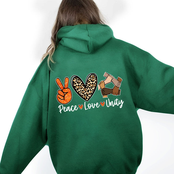 Damen Kapuzenpullover mit hochwertigem Peace-Love-Unity-Design Drune