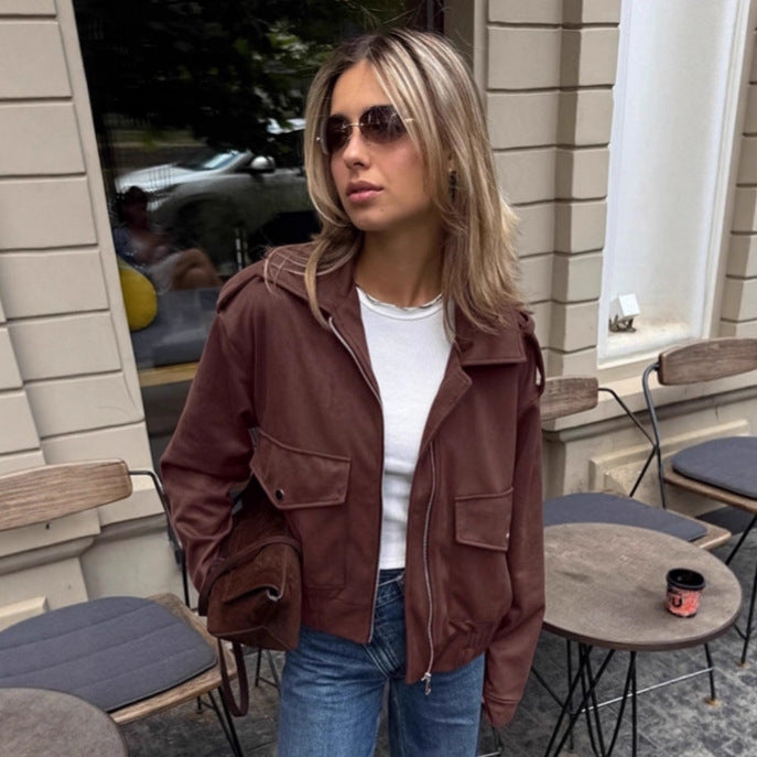 Damen Modische Suede Bomberjacke mit praktischen Taschen und Reißverschluss Drune
