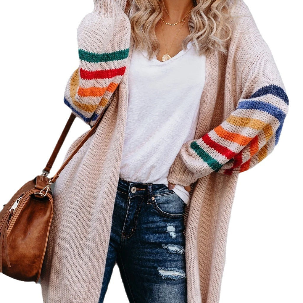 Damen gemütliche Strickjacke mit farbigen Ärmeln Drune