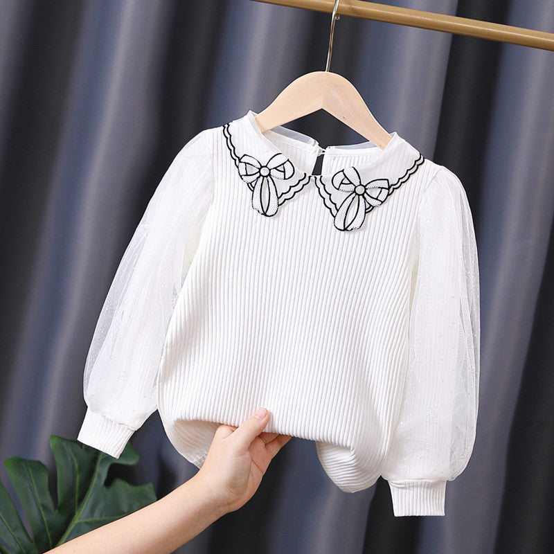 Mädchen Bluse mit transparenter Puffärmel und besticktem Kragen Drune