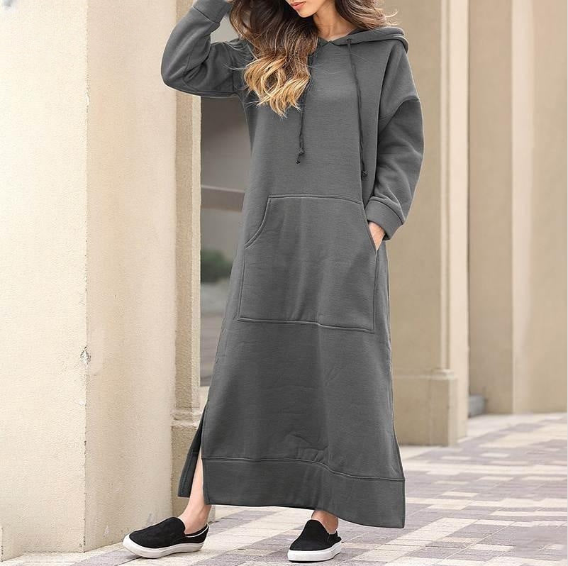 Damen nan langes Kapuzen-Sweatkleid mit Kängurutasche, Seitenschlitzen und lockerer Oversize-Passform Drune