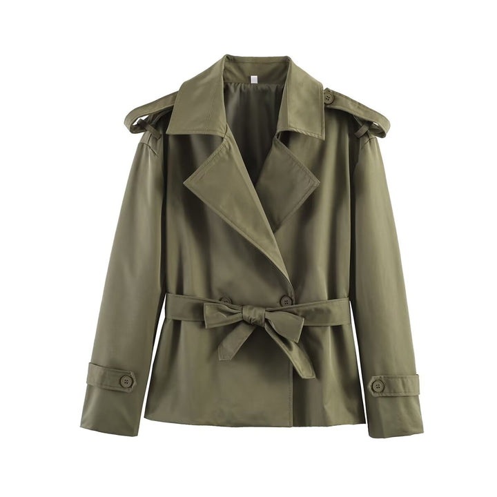 Damen nan kurze Trenchcoat Jacke mit Taillengürtel breitem Revers und dekorativen Schulterklappen Drune
