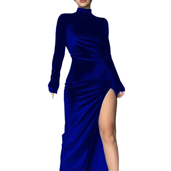 Damen Maxikleid mit hohem Schlitz und eleganter Stehkragen-Optik Drune