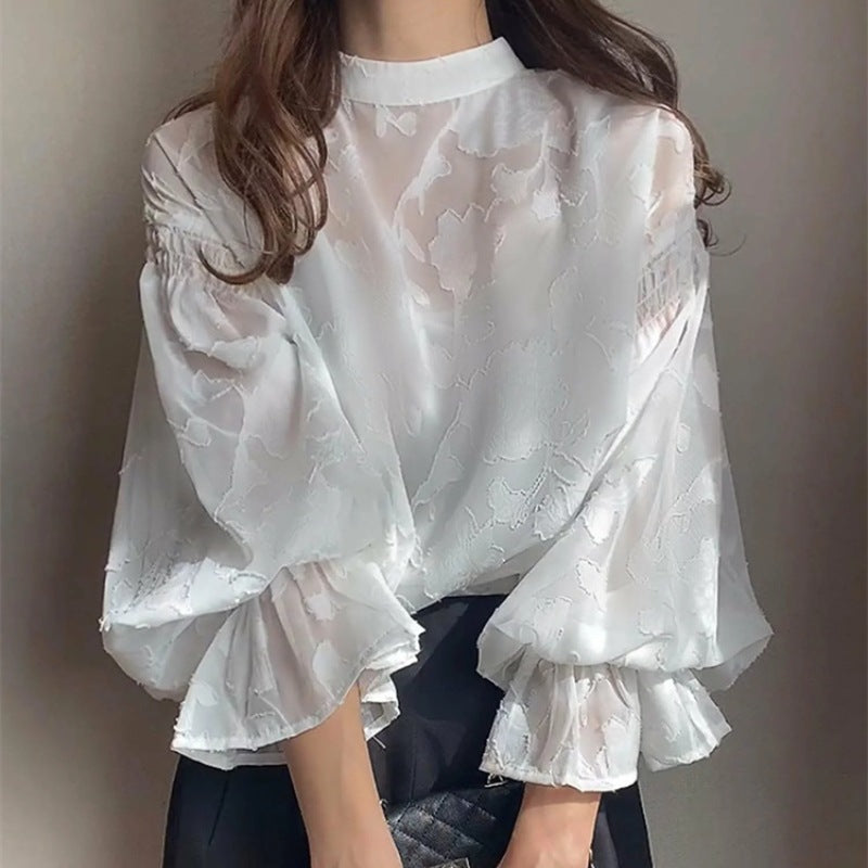 Damen elegante Bluse mit floralem Stickmuster und voluminösen Ärmeln Drune