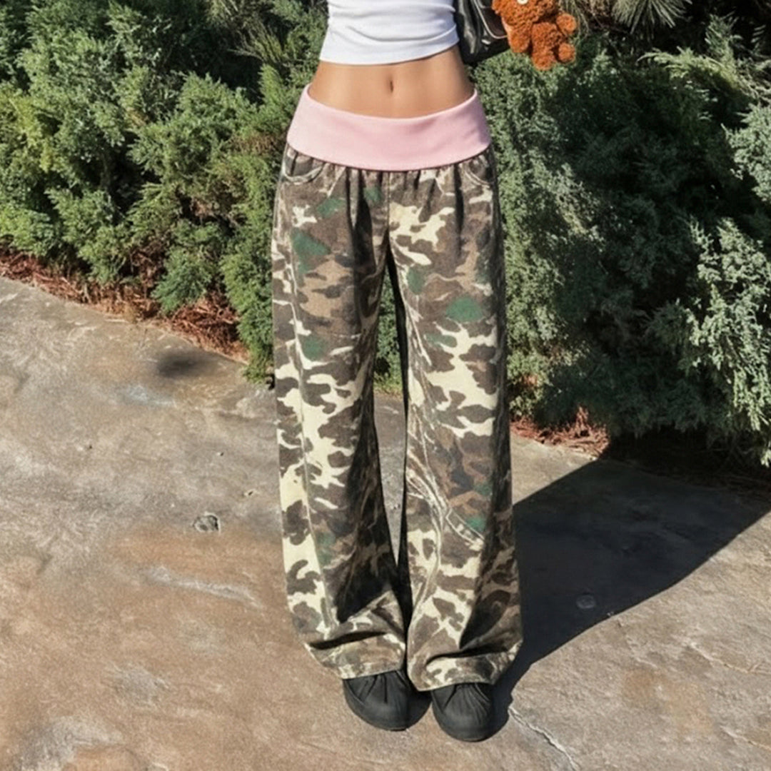 Damen bequeme Cargohose mit elastischem Bund und Camouflage-Muster Drune