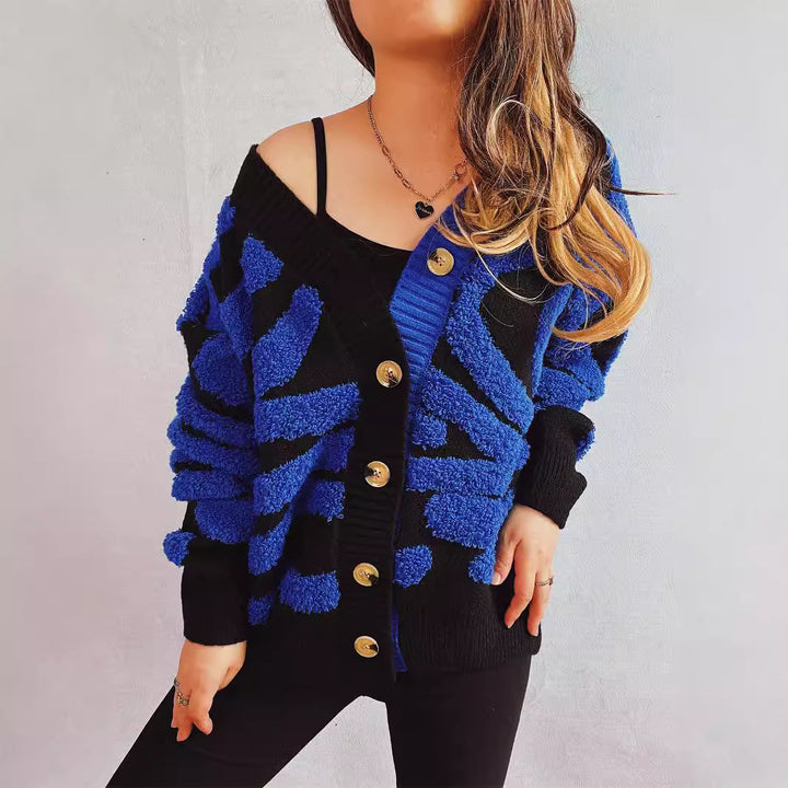 Damen modische Strickjacke mit grafischem Muster und luxuriösen Knöpfen Drune