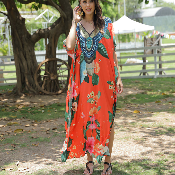 Damen Strandkaftan mit kunstvollem Blumenmuster und dekorativer Perlenverzierung Drune