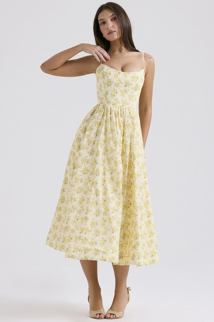 Damen Midi-Blumenkleid mit trägerlosem Stil und schwingendem Rock Drune