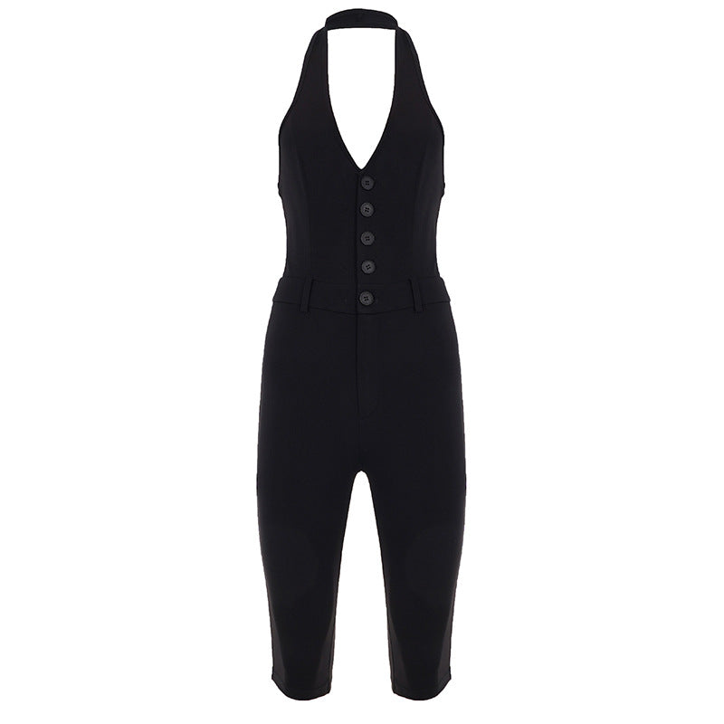 Damen Jumpsuit mit tiefem V-Ausschnitt und elegantem Knopfdetail Drune