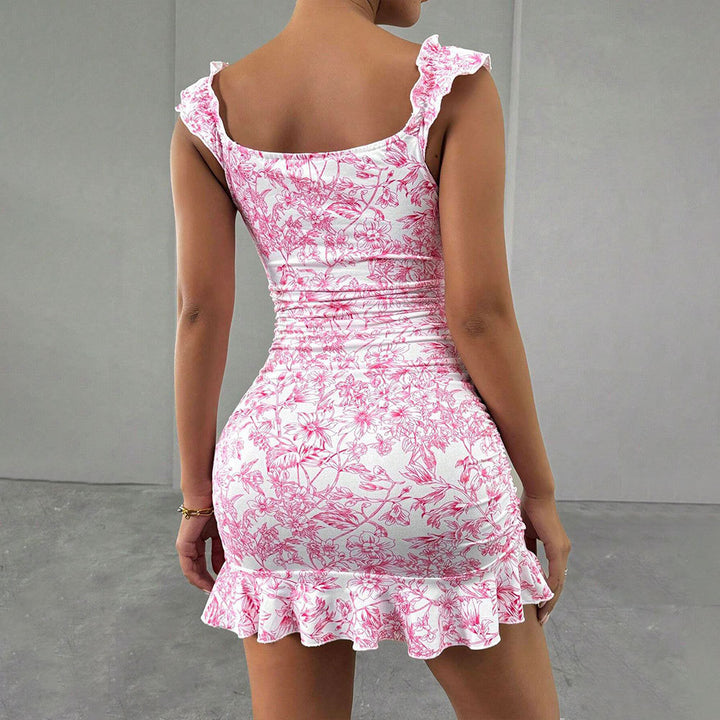 Damen figurbetontes Minikleid mit raffiniertem Blumenmuster und elastischem Rüschensaum Drune