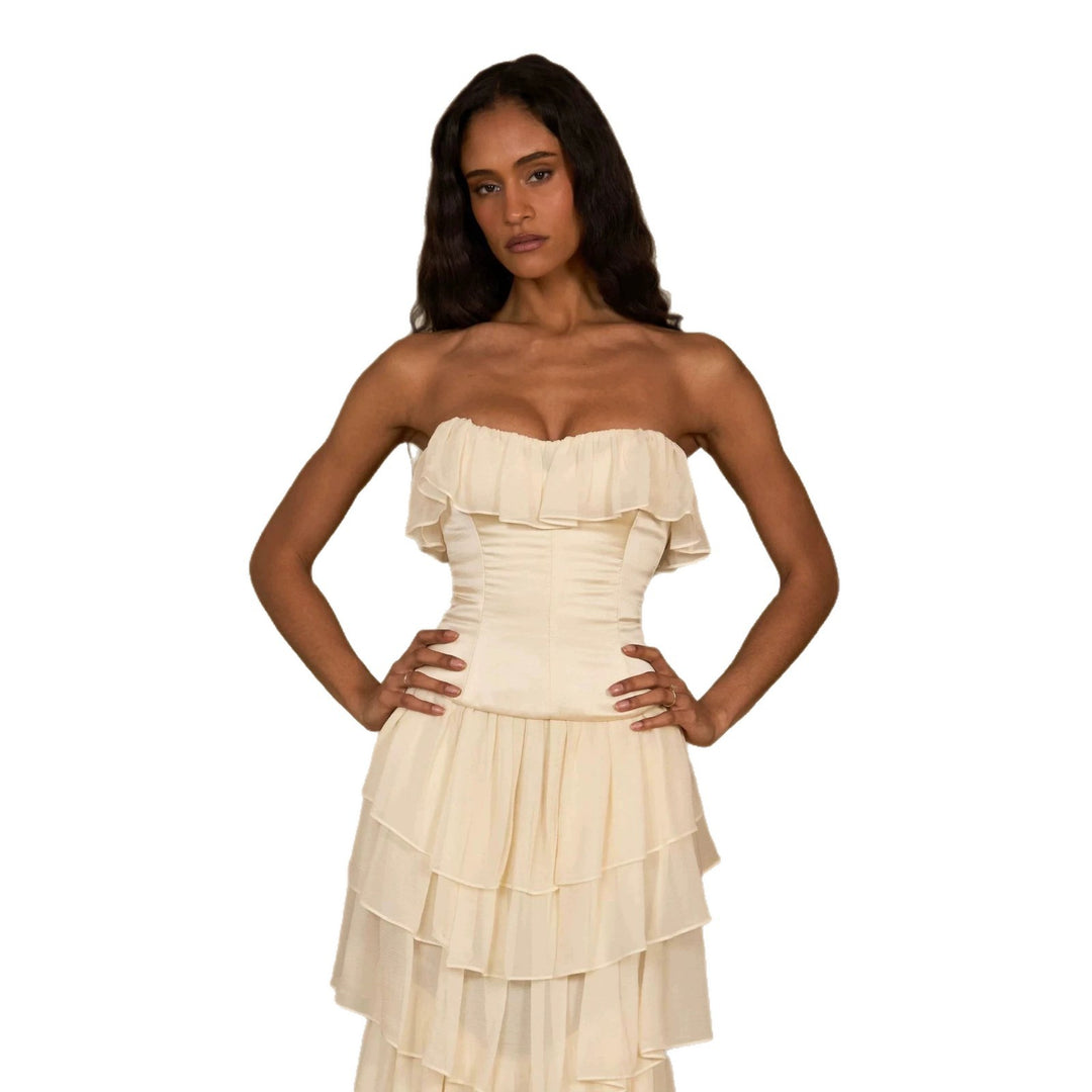 Damen Elegantes, schulterfreies Maxikleid mit fließenden Rüschen Drune