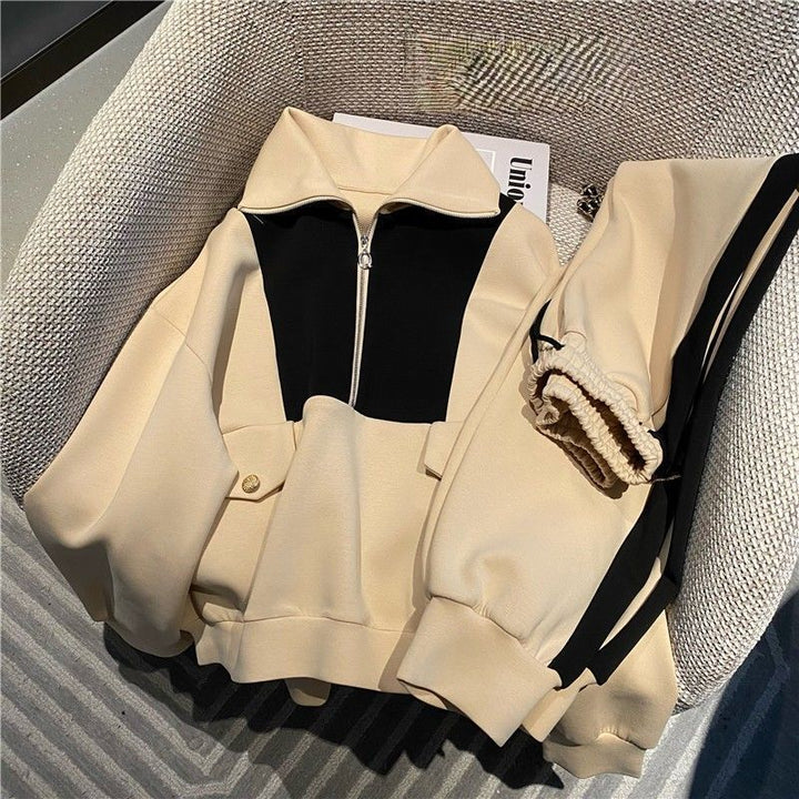 Damen Modischer Kapuzenpullover mit Reißverschluss und Kontrastdetails Drune
