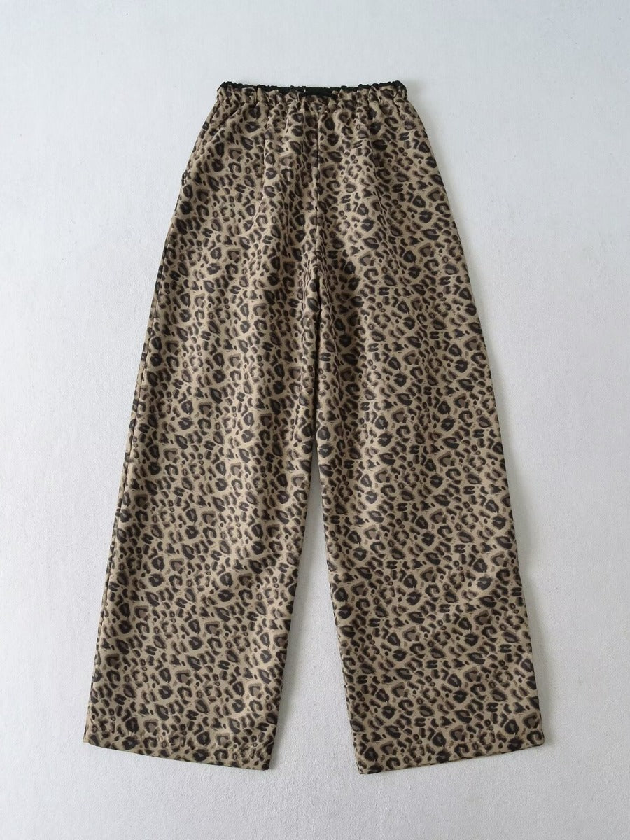 Damen Trendige weite Leoparden-Hose mit elastischem Bund und Bindegürtel Drune
