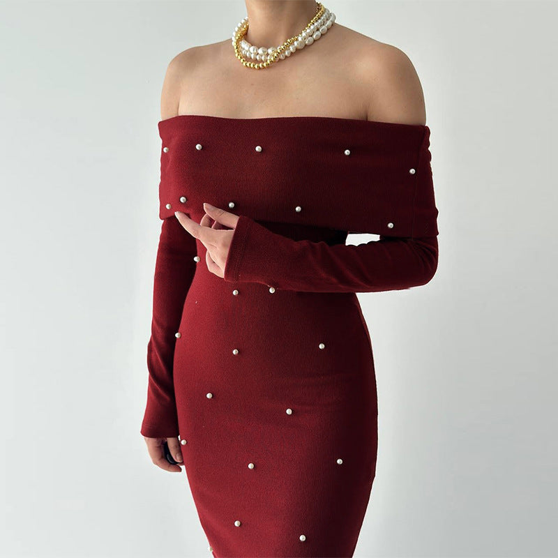 Damen schulterfreies Maxikleid mit eleganter Perlenverzierung und figurbetontem Schnitt Drune