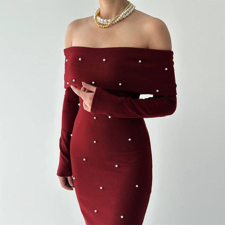Damen schulterfreies Maxikleid mit eleganter Perlenverzierung und figurbetontem Schnitt Drune