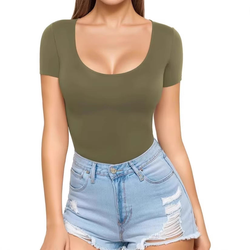 Damen figurbetontes Kurzarm-Body mit rundem Ausschnitt und nahtlosem Design Drune