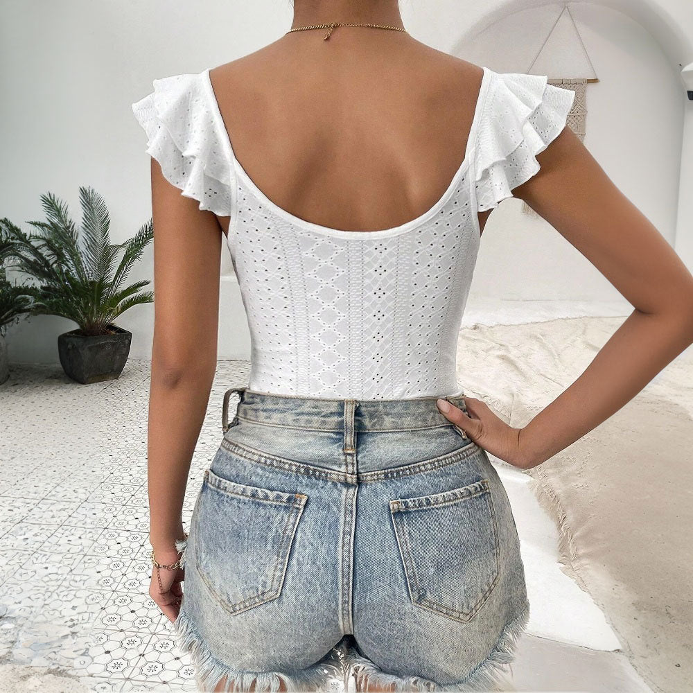 Damen Blusenbody mit Rüschendetails und tiefem V-Ausschnitt Drune