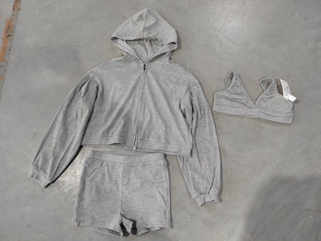 Damen nan kurzes geripptes Lounge-Set mit Kapuzen-Zipjacke und Highwaist-Shorts Drune