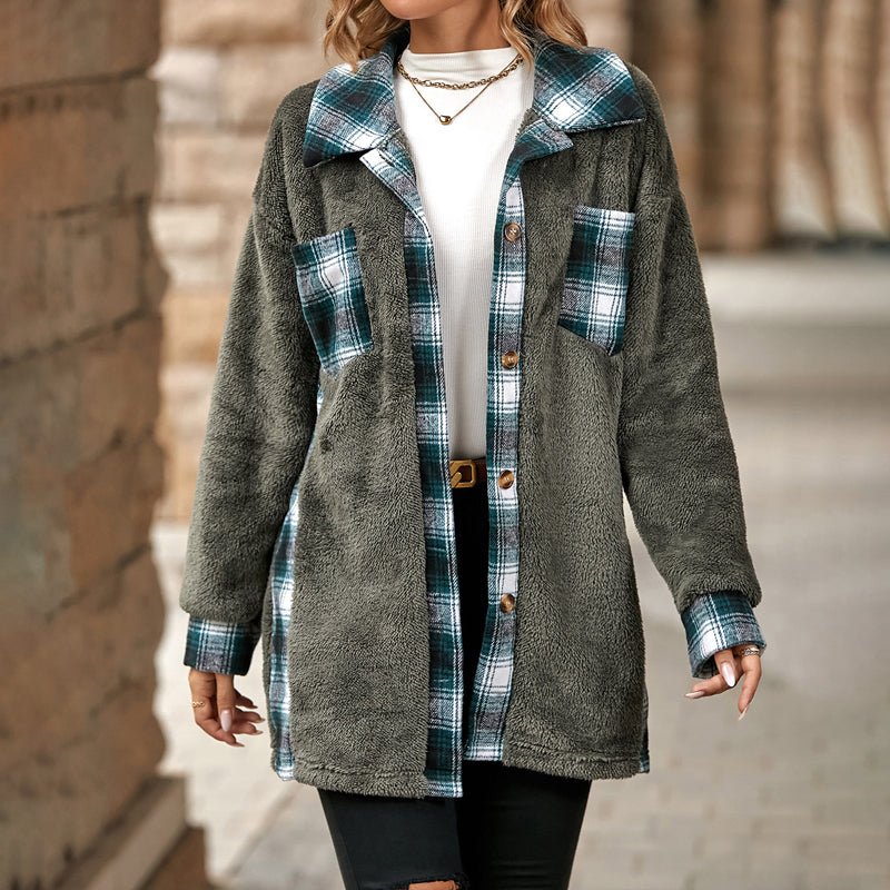 Drune | Fleecejacke mit Karodetails Knopfverschluss Warm und Lässiger Stil