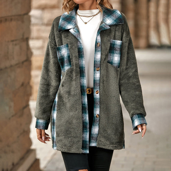 Drune | Fleecejacke mit Karodetails Knopfverschluss Warm und Lässiger Stil