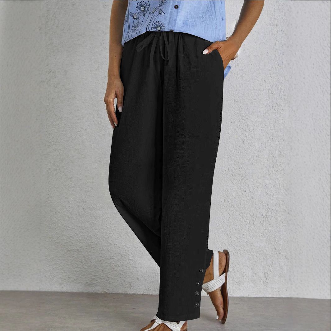 Damen weite Sommerhose mit elastischem Taillenbund und seitlichen Knopfdetails Drune