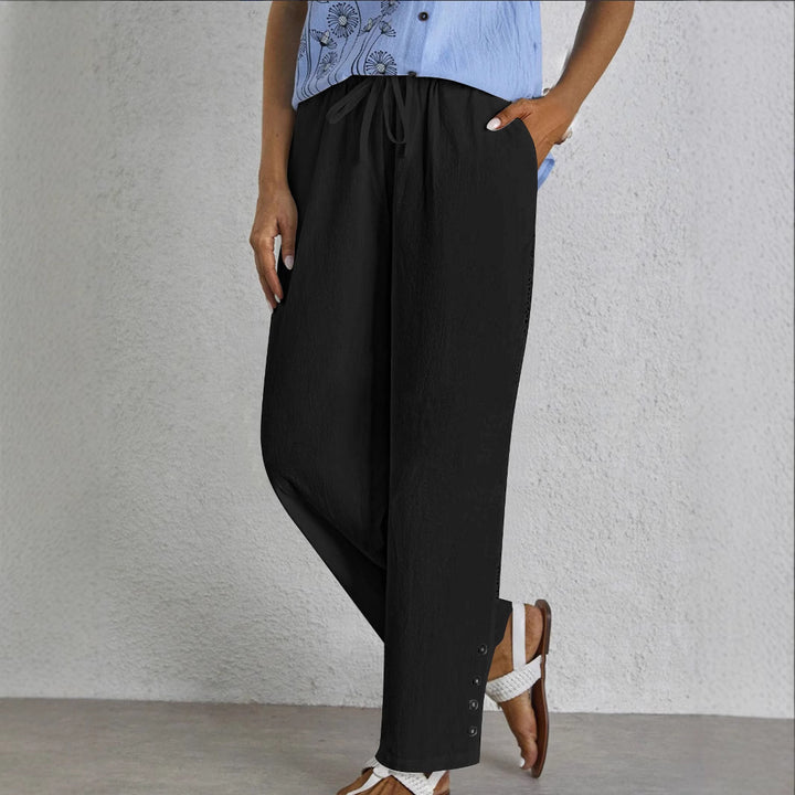 Damen weite Sommerhose mit elastischem Taillenbund und seitlichen Knopfdetails Drune