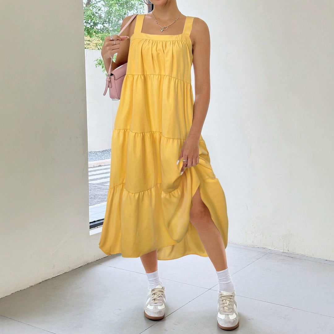 Damen luftiges Maxikleid mit Rüschendetails und seitlichem Schlitz Drune