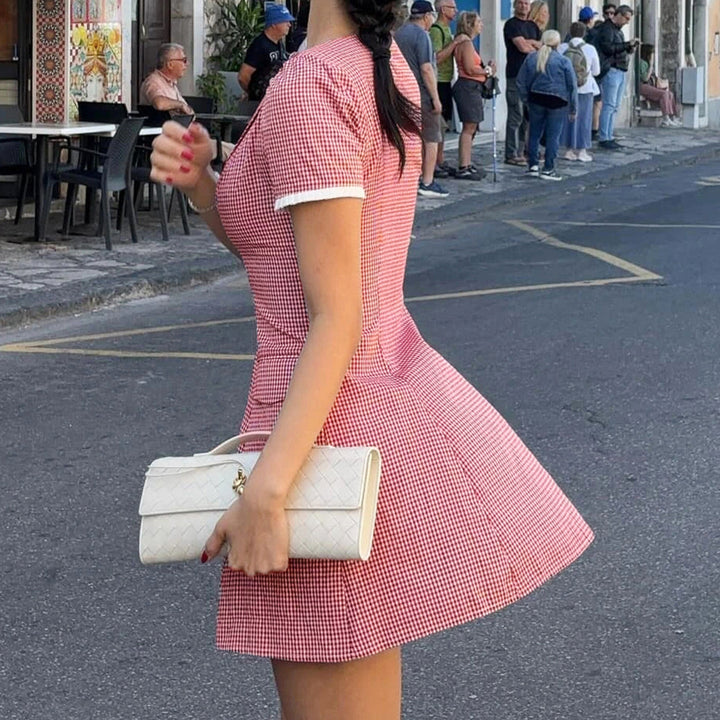 Damen Hemdkleid mit V-Ausschnitt und karierter Struktur Drune