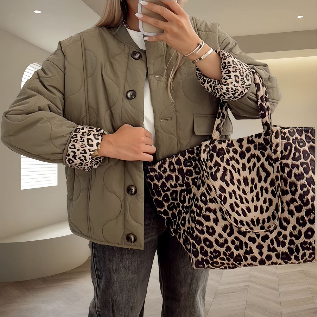 Damen gesteppte Leichtjacke mit trendigen Animal-Print-Ärmeln Drune