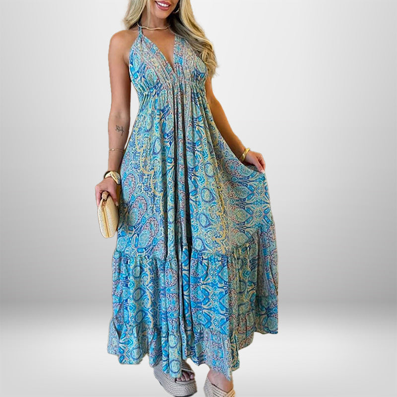 Damen Maxikleid im verspielten Boho-Stil mit tiefem V-Ausschnitt und schwingendem Rock Drune