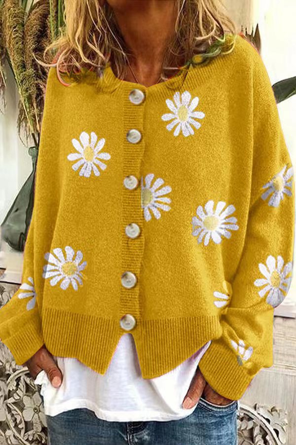 Damen Farbiger Baumwollpullover mit Blumenmuster Drune