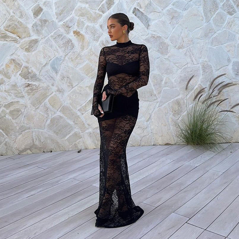 Damen Elegantes Spitzenkleid mit hohem Kragen und langem Ärmel Drune