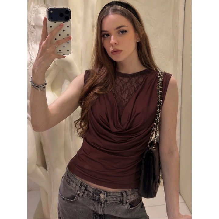Damen Elegantes Oberteil mit Drapierung und Spitzeneinsatz Drune