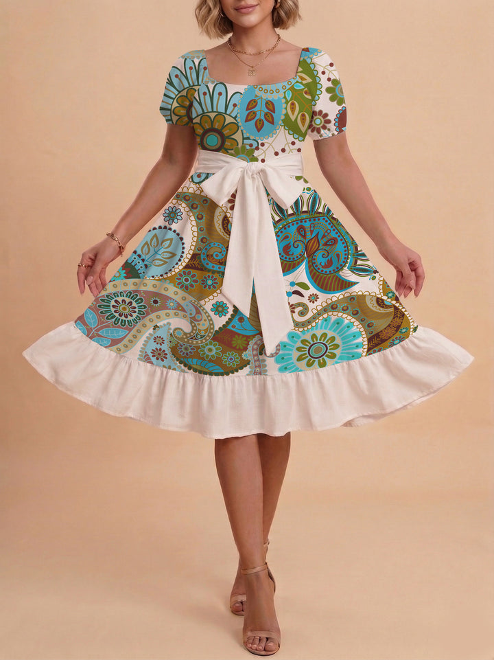 Damen modernes Blumenkleid mit elegantem Taillengürtel und asymmetrischem Saum Drune