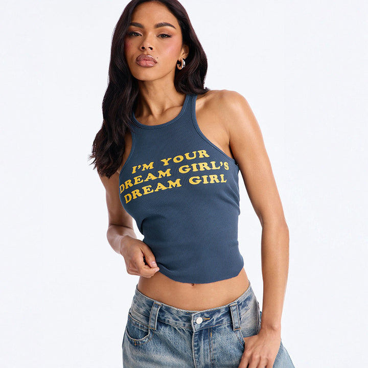 Damen Figurbetontes Crop-Top mit kreativem Schriftzug Drune