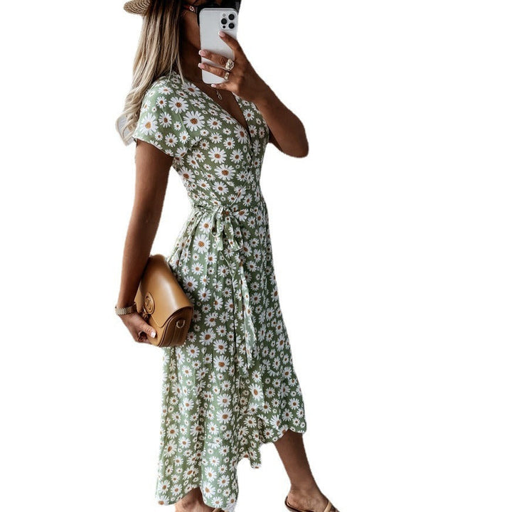 Damen florales Wickelkleid mit kurzem Ärmel und schwingendem Rock Drune