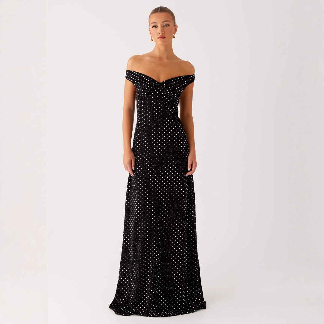 Damen Abendkleid mit Off-Shoulder-Design und elegantem Punktmuster Drune