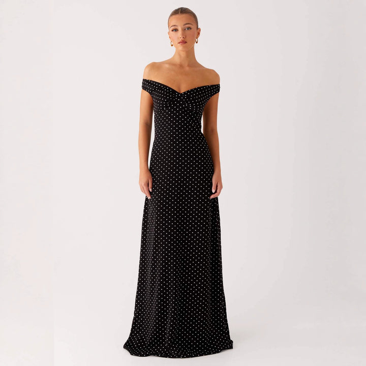 Damen Abendkleid mit Off-Shoulder-Design und elegantem Punktmuster Drune