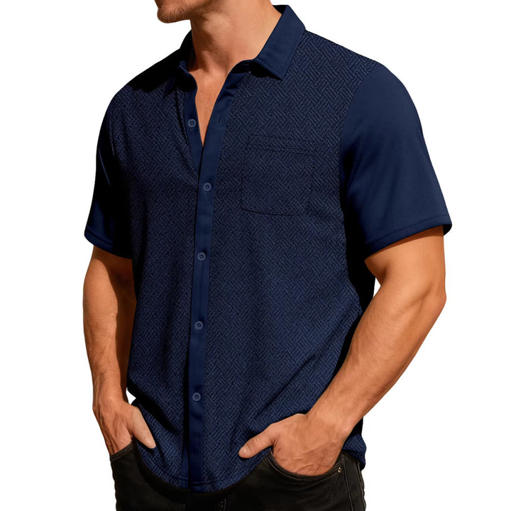 Herren nan legeres Kurzarmhemd mit Jacquardstruktur, kontrastierter Knopfleiste und Brusttasche Drune