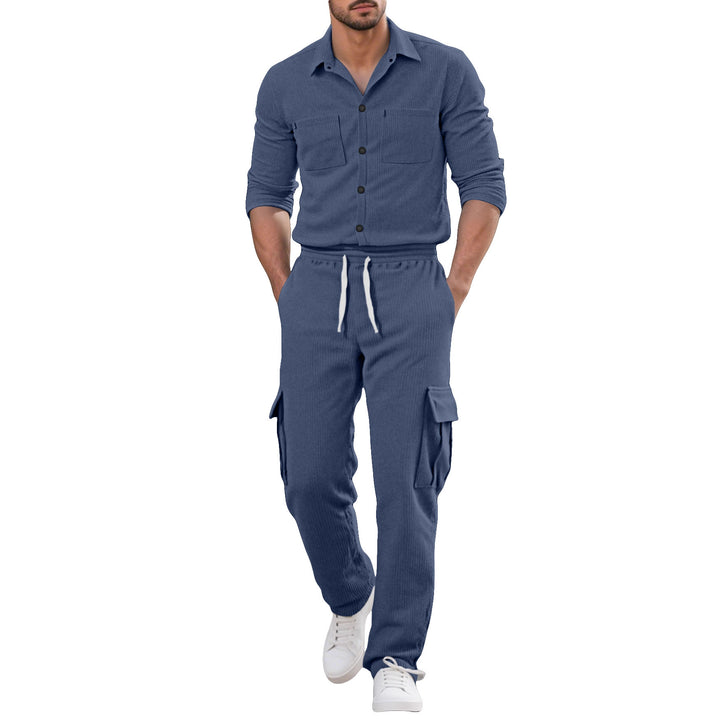 Herren nan geripptes Worker-Hemd mit Brusttaschen und entspannter Cargohose Drune