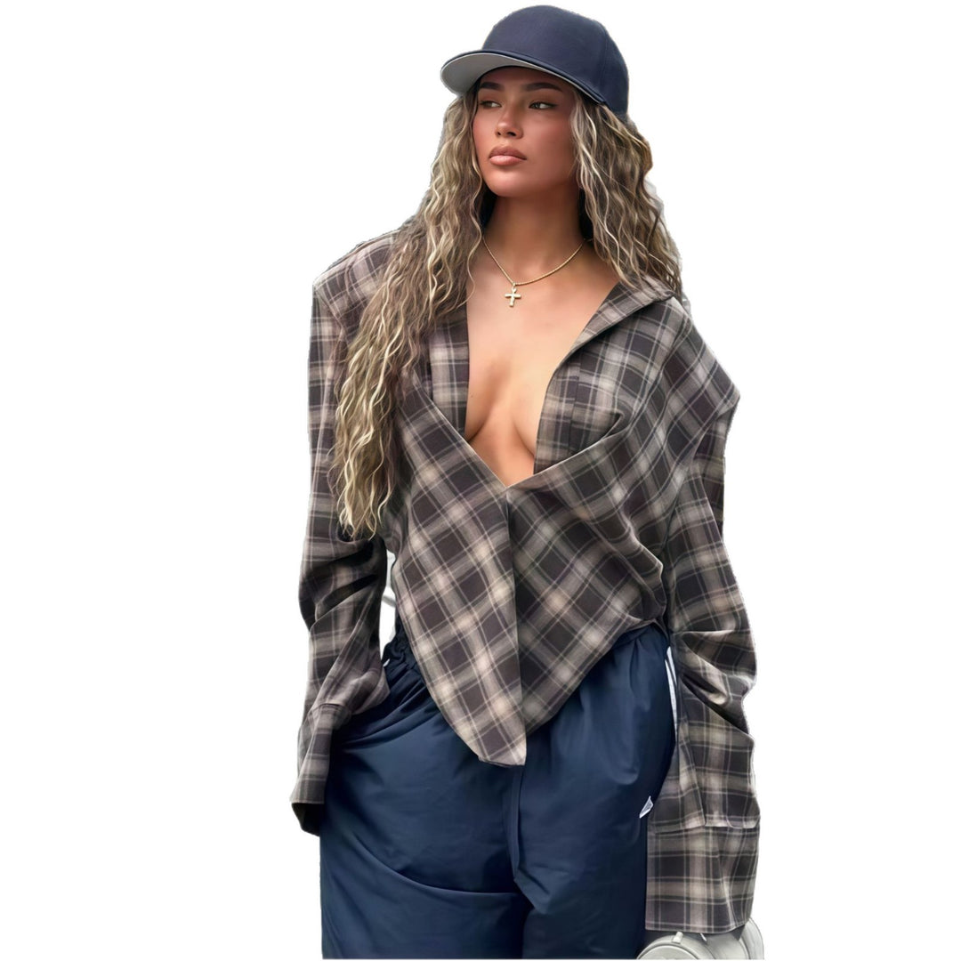 Damen Oversized Karo-Hemdbluse mit tiefem V-Ausschnitt und lässigem Schnitt Drune